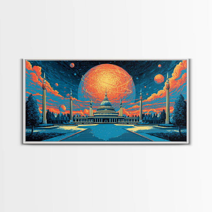 Glowing Orange Planet Over Capitol Skyline Wall Art, Retro Sci Fi Poster, Washington DC Decor, Atomic Midcentury Canvas Print