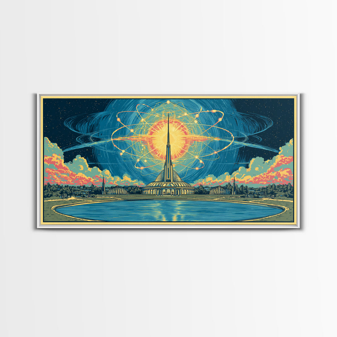 Atomic Sun Above Futuristic Tower And Reflecting Pool Wall Art, Midcentury Modern Decor, Retro Space Framed Canvas Print