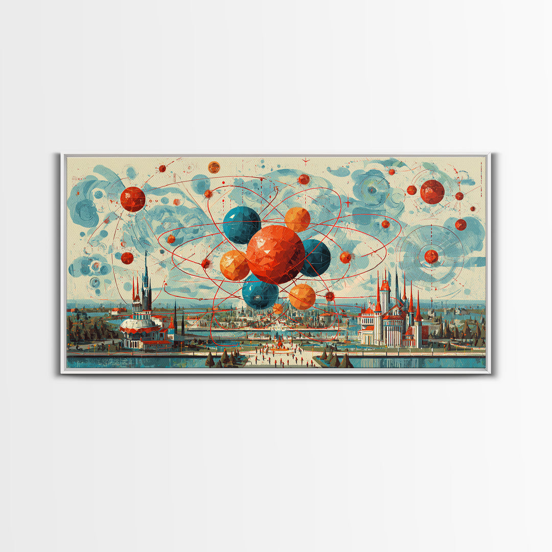 Giant Atomic Spheres Above Worlds Fair City Wall Art, Midcentury Modern Art, Retro Science Poster, MCM Decor, Framed Canvas Print