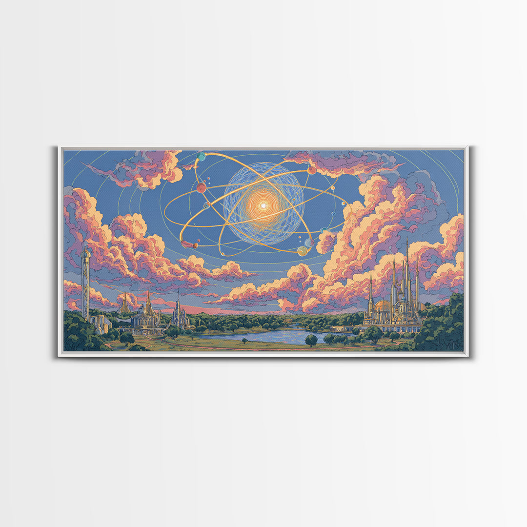 Pastel Atomic Sky Over River And Future Cities Wall Art, Retro Modern Decor, Midcentury Art Print, Pink Blue Framed Canvas Print