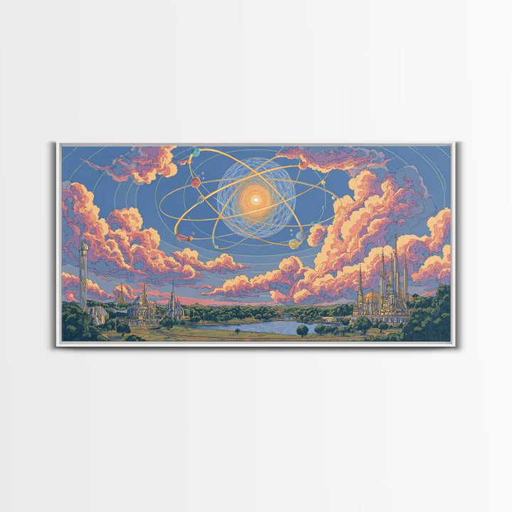 Pastel Atomic Sky Over River And Future Cities Wall Art, Retro Modern Decor, Midcentury Art Print, Pink Blue Framed Canvas Print