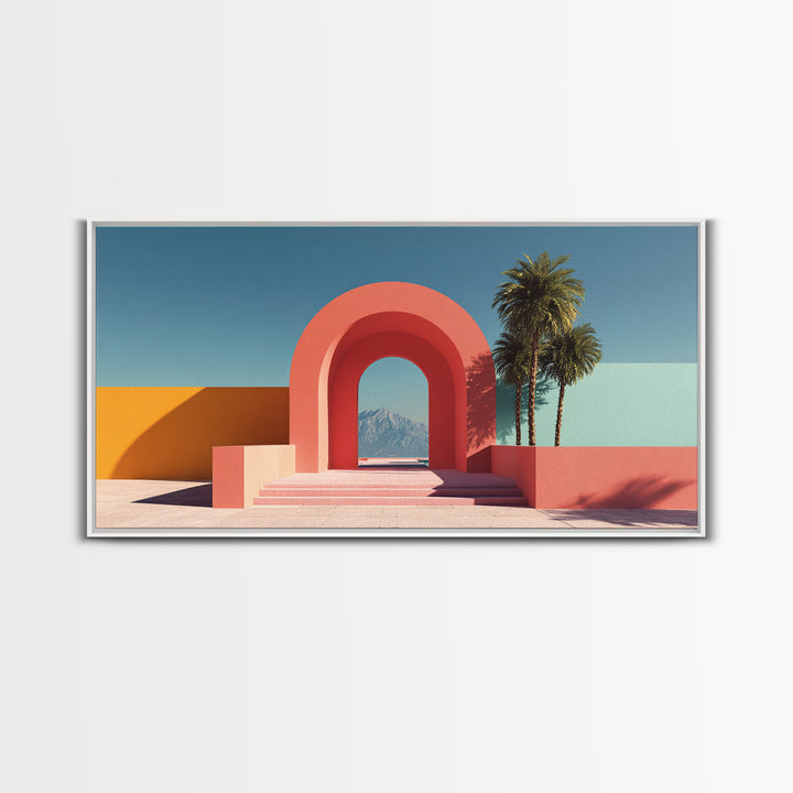 Pink Desert Archway With Palms And Mountain View Wall Art, Midcentury Modern Palm Springs Decor, Retro Landscape Print Poster