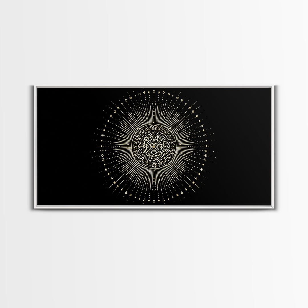 Gold Radiant Sunburst Wall Art, Midcentury Modern Art, Black Gold Frame Decor, Celestial Geometric Print, Retro Home Decor