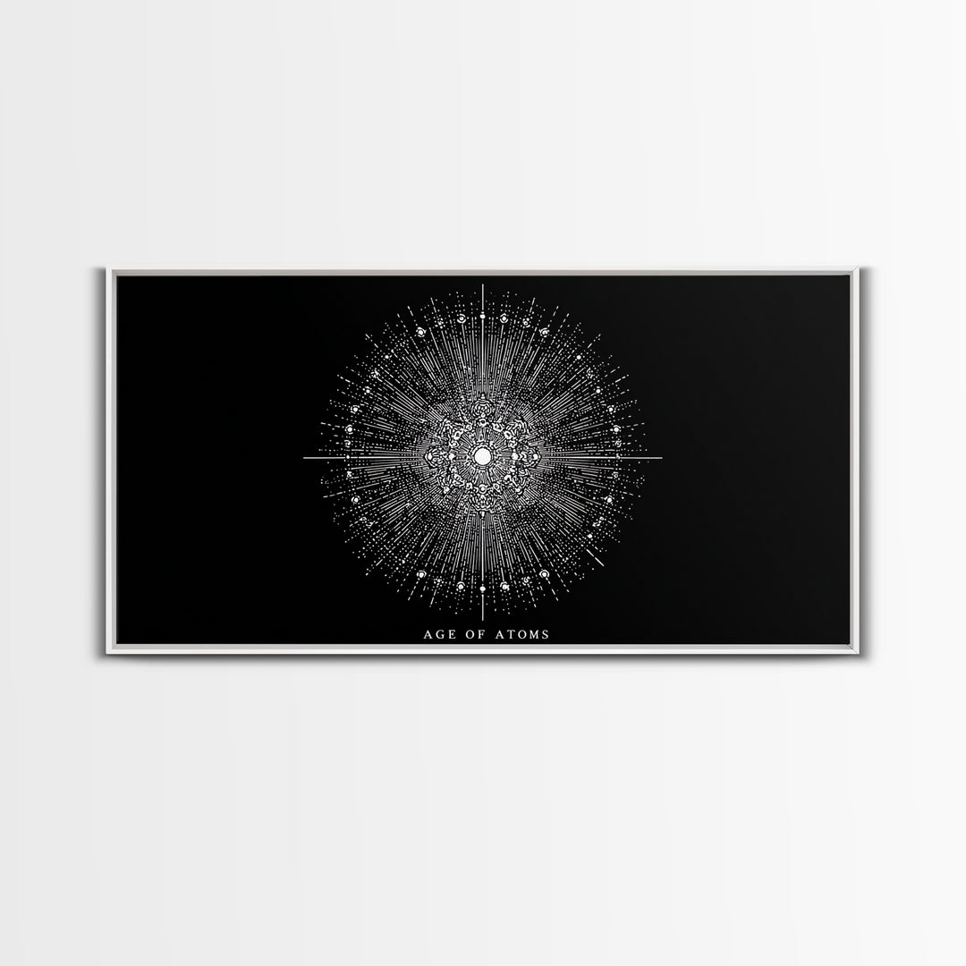 Age Of Atoms Starburst Wall Art, Midcentury Modern Art, Black White Space Poster, Atomic Retro Print, Science Wall Decor