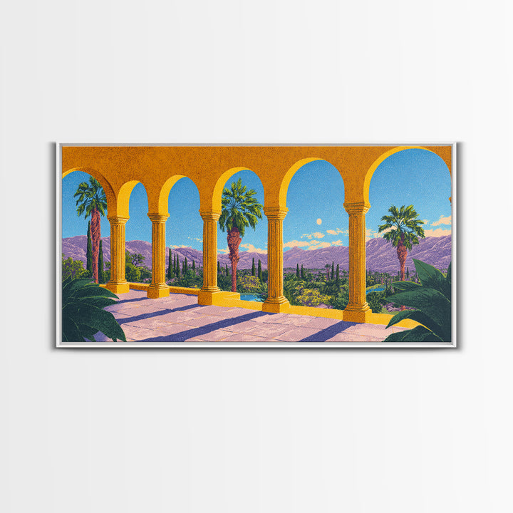 Golden Arcade Arches With Palms And Purple Mountains Wall Art, Midcentury Modern Travel Poster, Retro Palm Springs Decor