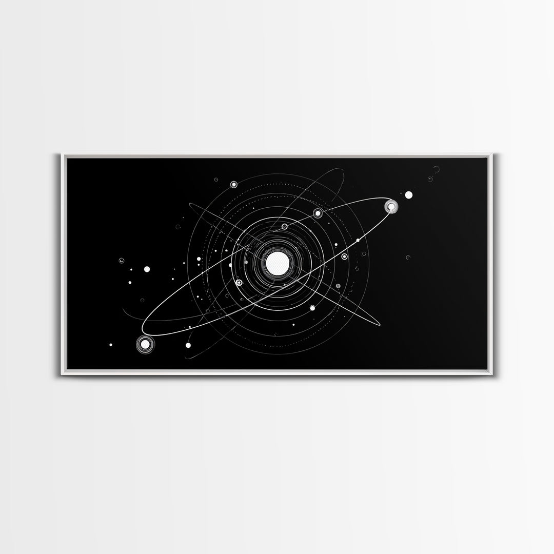 White Orbital Solar System On Black Canvas Print, Space Abstract Art, Atomic Midcentury Decor, Sci Fi Office Wall Decor Print