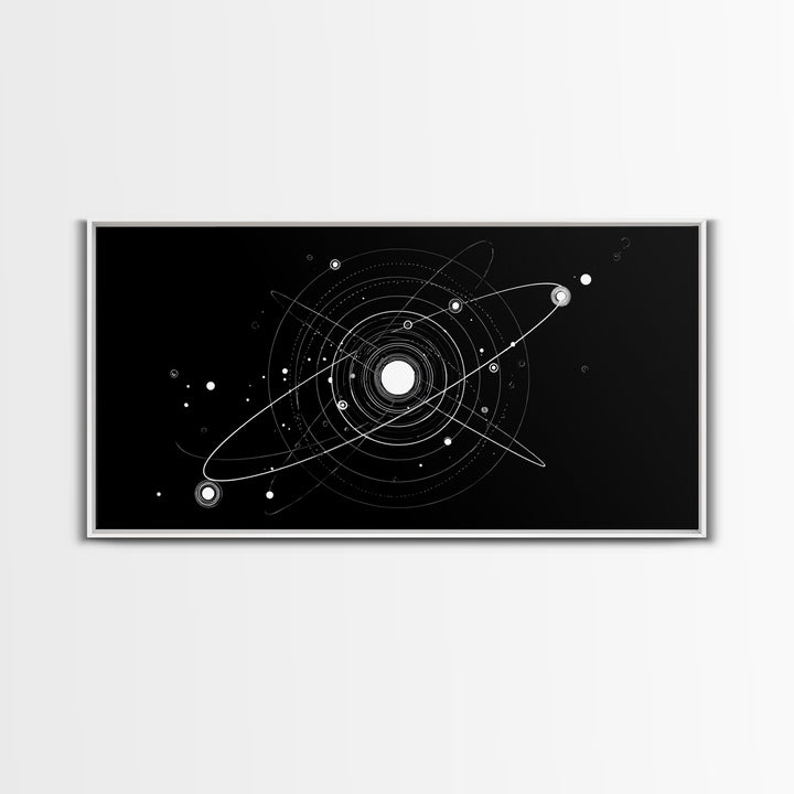 White Orbital Solar System On Black Canvas Print, Space Abstract Art, Atomic Midcentury Decor, Sci Fi Office Wall Decor Print