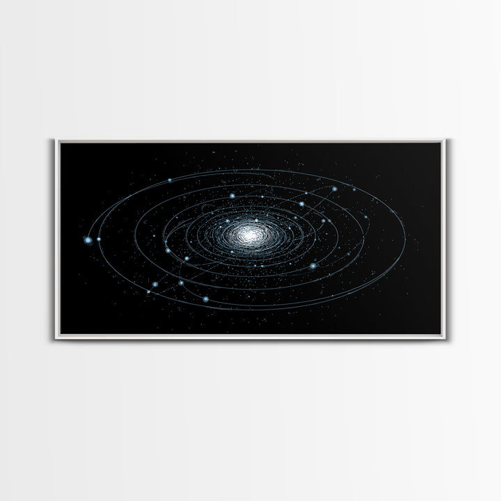 Blue Spiral Galaxy Orbits On Black Canvas Print, Space Abstract Wall Art, Cosmic Modern Decor, Sci Fi Office Poster Print