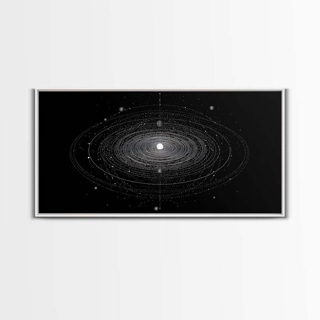 Black White Planetary Orbit Rings Canvas Print, Space Abstract Art, Minimal Modern Wall Decor, Sci Fi Office Poster Print