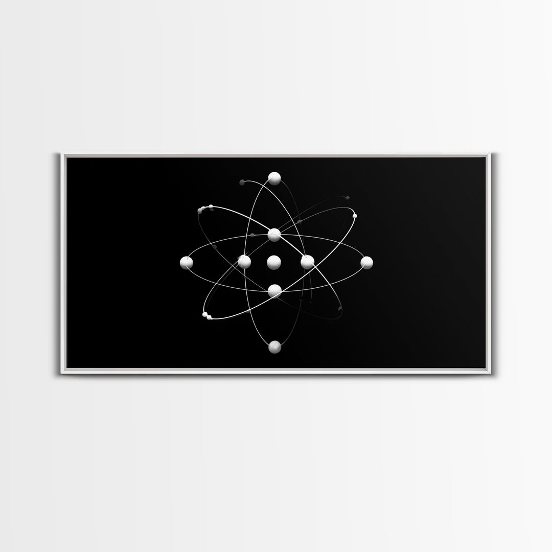 White Atomic Model On Black Canvas Print, Science Space Wall Art, Midcentury Modern Decor, Minimalist Office Poster Print