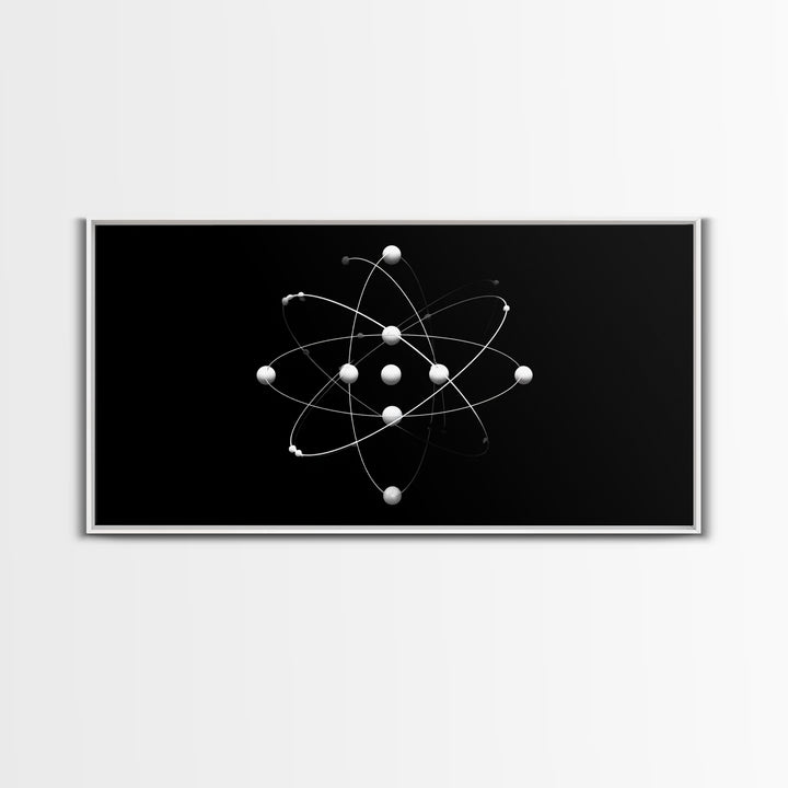 White Atomic Model On Black Canvas Print, Science Space Wall Art, Midcentury Modern Decor, Minimalist Office Poster Print