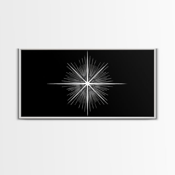 Radiant White Starburst On Black Canvas Print, Atomic Midcentury Wall Art, Minimal Modern Decor, Sci Fi Office Poster Print