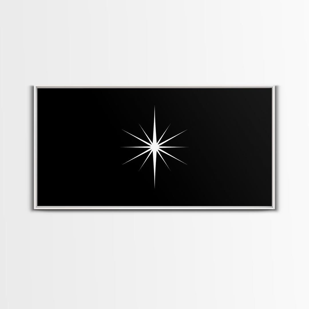Minimal White Compass Star On Black Canvas Print, Atomic Midcentury Wall Art, Modern Abstract Decor, Office Poster Print