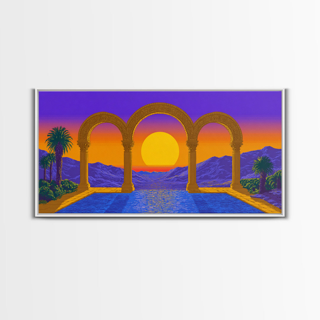 Sunset Arches Over Blue Pool And Mountains Canvas Print, Midcentury Modern Wall Decor, Retro Travel Poster For Living Room
