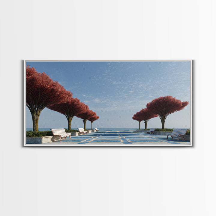 Seaside Promenade With Red Trees Wall Art, Modern Coastal Landscape Print, Midcentury Decor, Blue Ocean Living Room Decor
