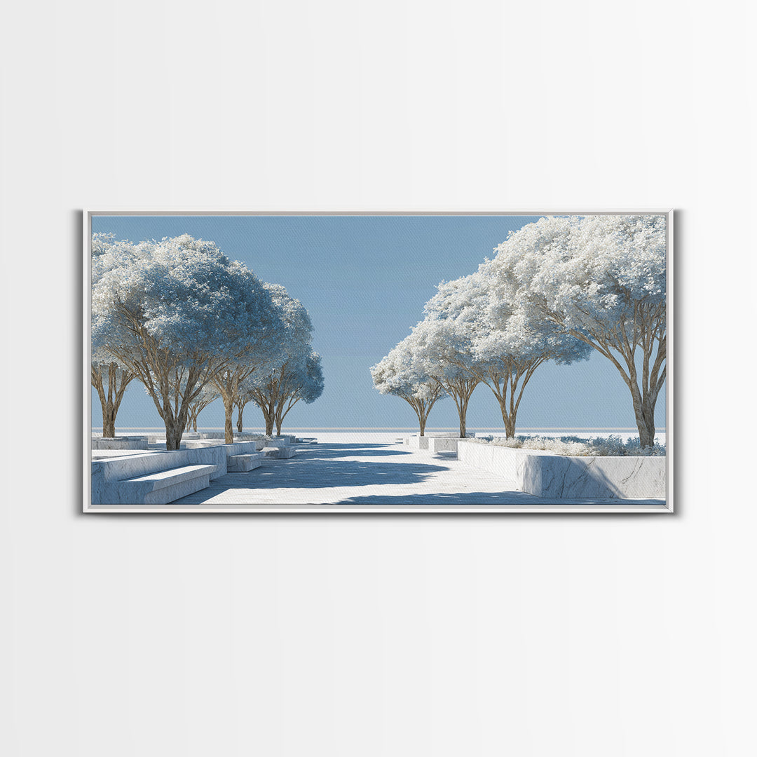 White Winter Tree Promenade Wall Art, Modern Coastal Landscape Print, Minimalist Blue Scenic Decor, Calm Living Room Poster