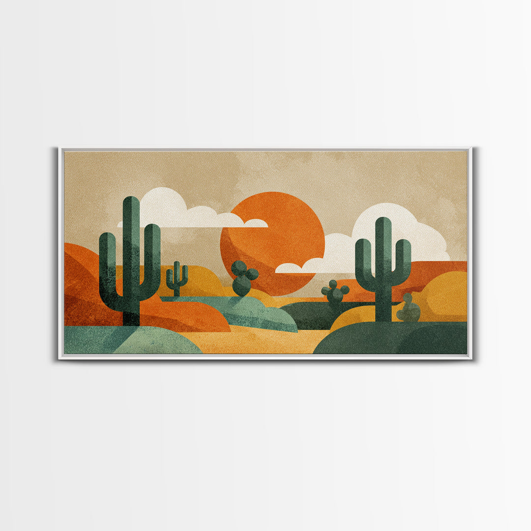 Abstract Cactus Desert Sun Wall Art, Midcentury Modern Print, Retro Orange Southwestern Decor, Geometric Landscape Poster