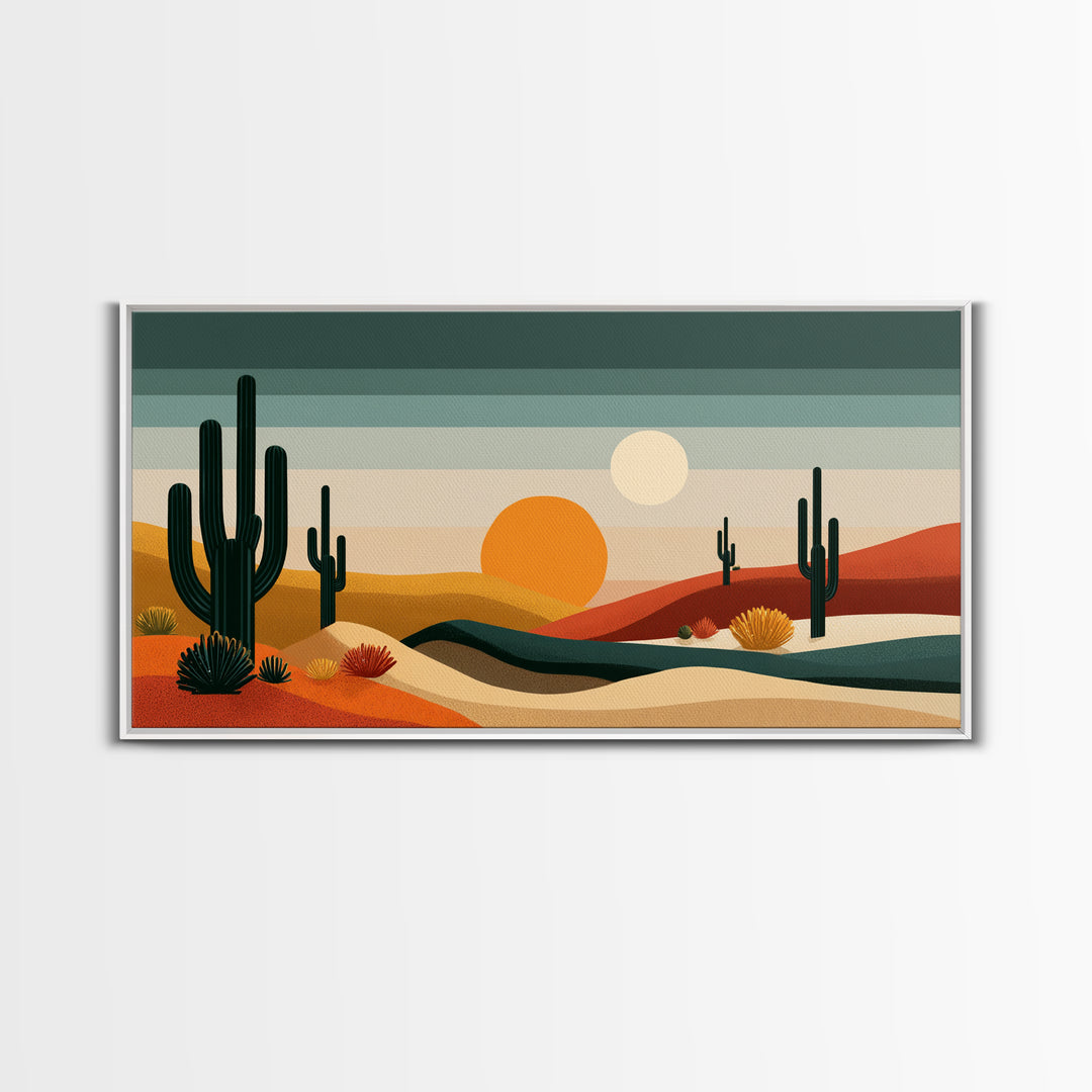 Modern Cactus Dunes Canvas Print, Midcentury Desert Wall Art, Southwestern Landscape Poster, Orange Sun Home Office Decor