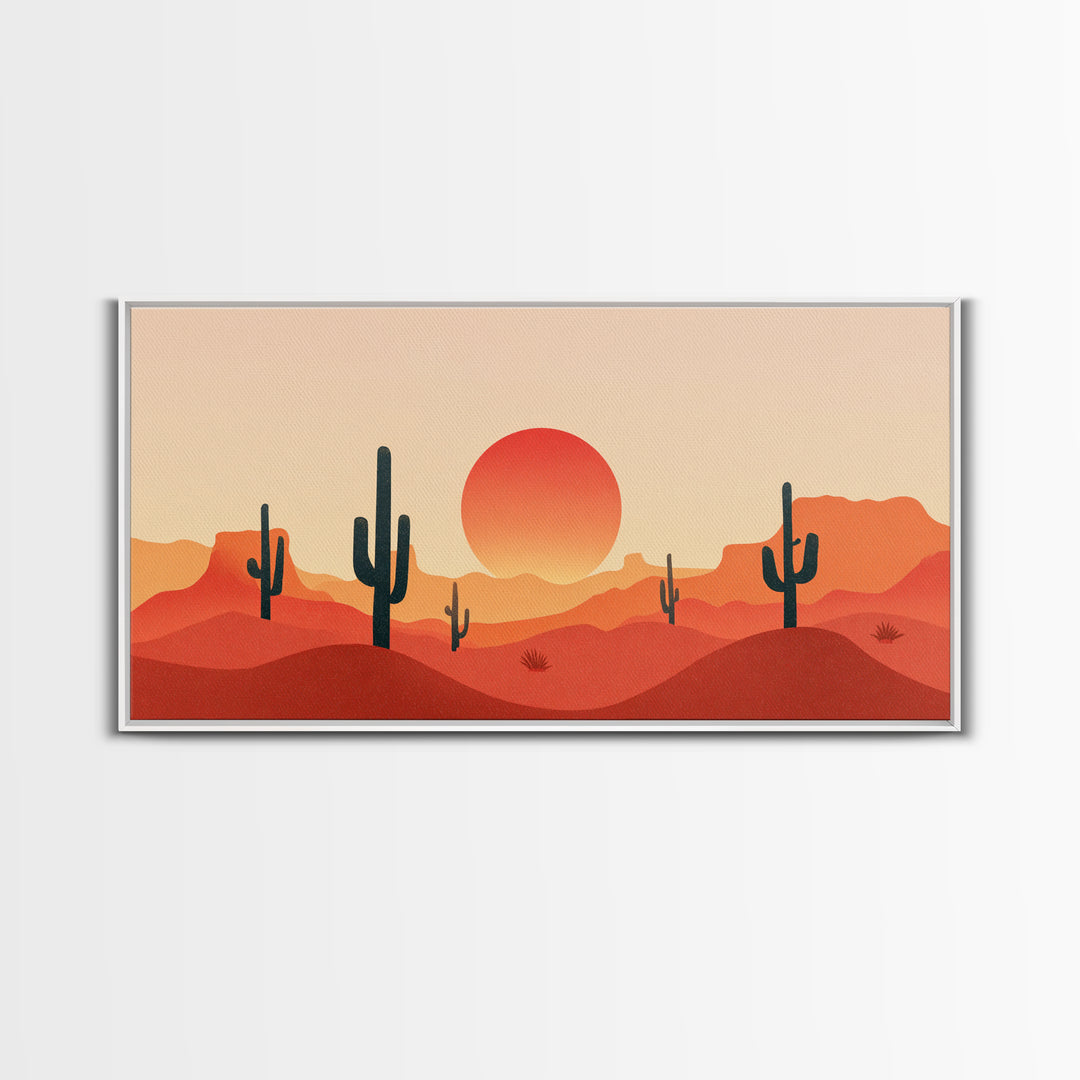 Red Desert Mesas And Cactus Wall Art, Midcentury Modern Sunset Print, Southwestern Landscape Poster, Warm Orange Decor Gift