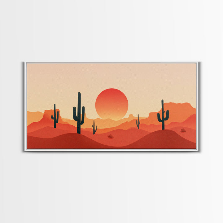 Red Desert Mesas And Cactus Wall Art, Midcentury Modern Sunset Print, Southwestern Landscape Poster, Warm Orange Decor Gift