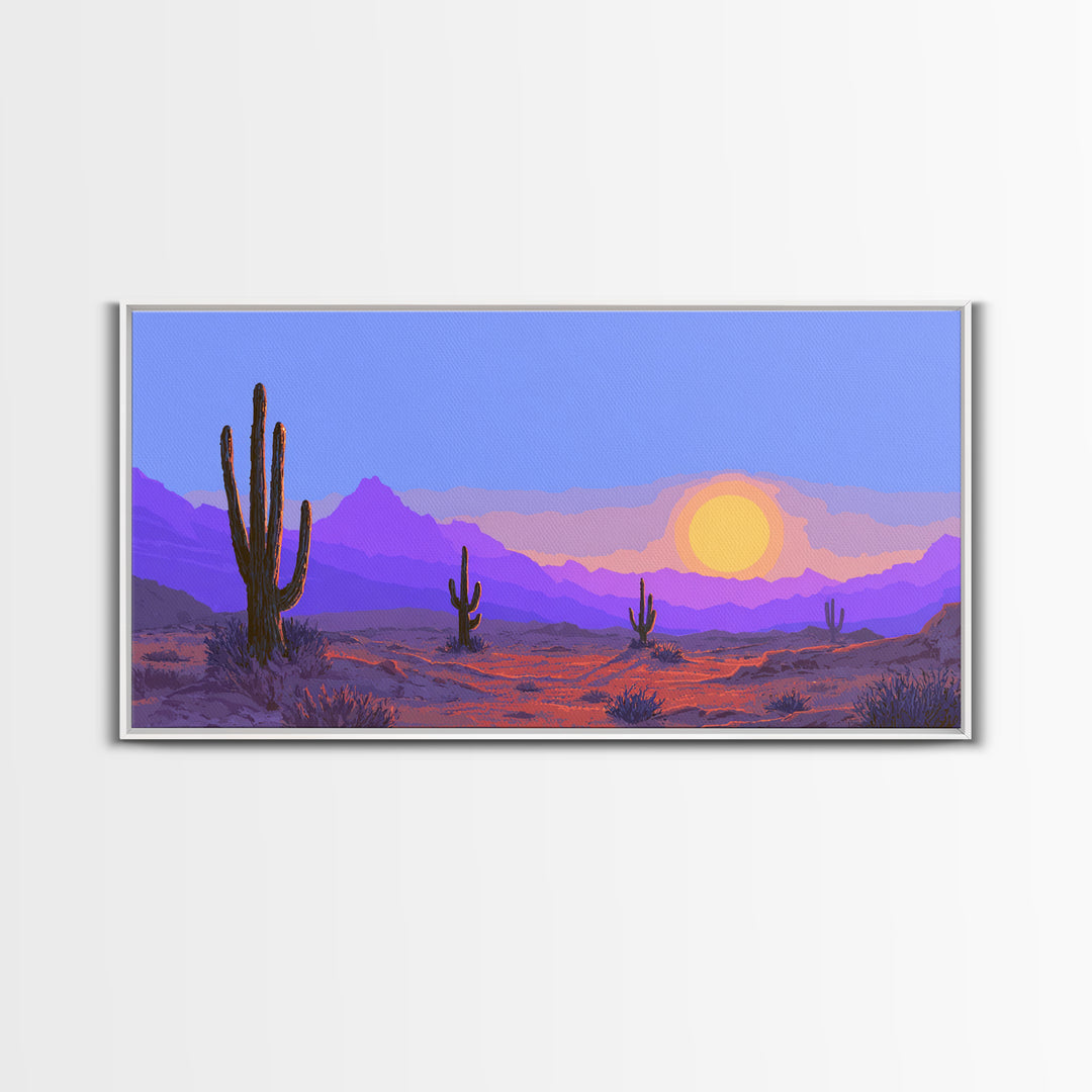 Purple Desert Mountains Canvas Print, Retro Cactus Sunset Wall Art, Midcentury Modern Landscape Poster, Colorful Home Decor