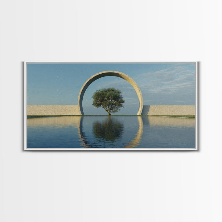 Circular Arch Tree Reflection Wall Art, Modern Landscape Print, Serene Water Decor, Minimalist Nature Art For Living Room