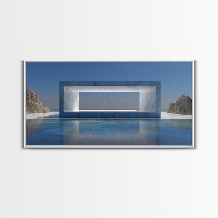 Marble Ocean Window Framed Canvas Print, Modern Architectural Wall Decor, Minimalist Coastal Art For Office And Living Room
