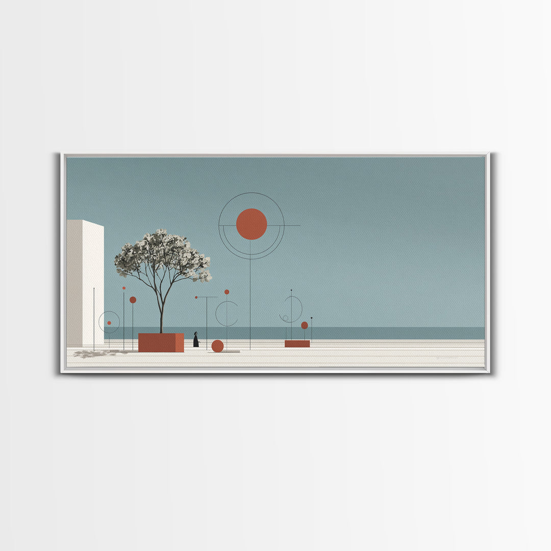 Minimal Tree With Orange Sun Canvas Print, Midcentury Modern Wall Decor, Geometric Abstract Art For Serene Calm Living Room