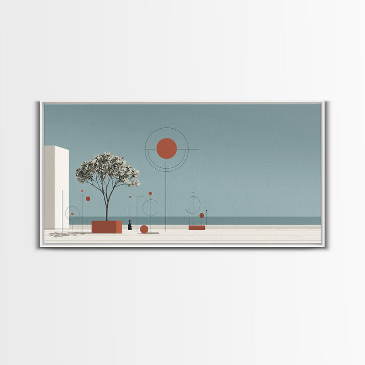Minimal Tree With Orange Sun Canvas Print, Midcentury Modern Wall Decor, Geometric Abstract Art For Serene Calm Living Room