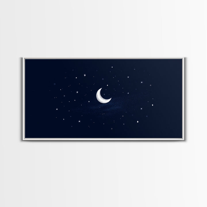 White Crescent Moon And Stars Wall Art, Dreamy Navy Celestial Night Sky Print, Minimalist Space Decor For Bedroom Or Nursery