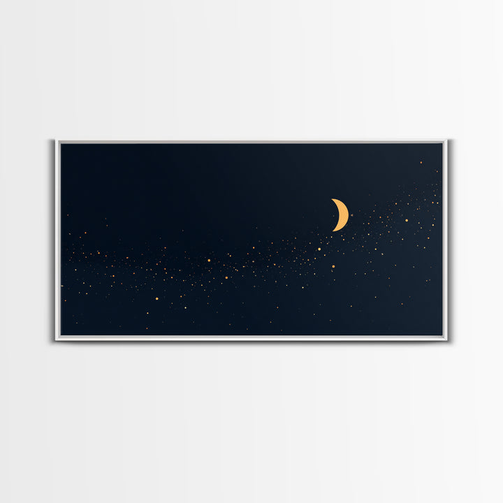 Golden Crescent Moon And Stars Wall Art, Mystical Dark Navy Celestial Print, Boho Night Sky Decor For Bedroom, Nursery, Gallery