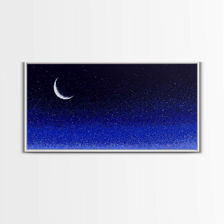 Blue Crescent Moon Star Field Wall Art, Cosmic Night Sky Print, Retro Pixel Space Decor For Bedroom, Dorm Room, Or Nursery
