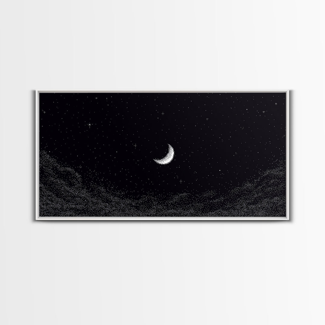 Black And White Crescent Moon Wall Art, Minimal Starry Night Sky Print, Celestial Space Decor For Bedroom Or Meditation Room