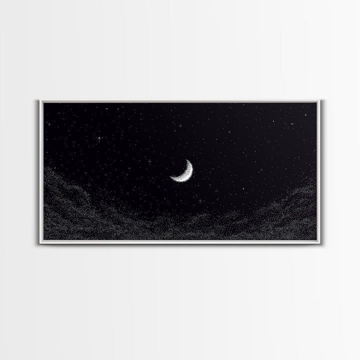 Black And White Crescent Moon Wall Art, Minimal Starry Night Sky Print, Celestial Space Decor For Bedroom Or Meditation Room