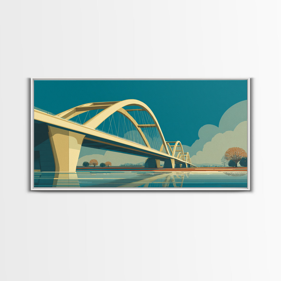Modern Arched Bridge Reflection Canvas Print, Midcentury Landscape Wall Art, Architectural Calm Water Decor For Living Room