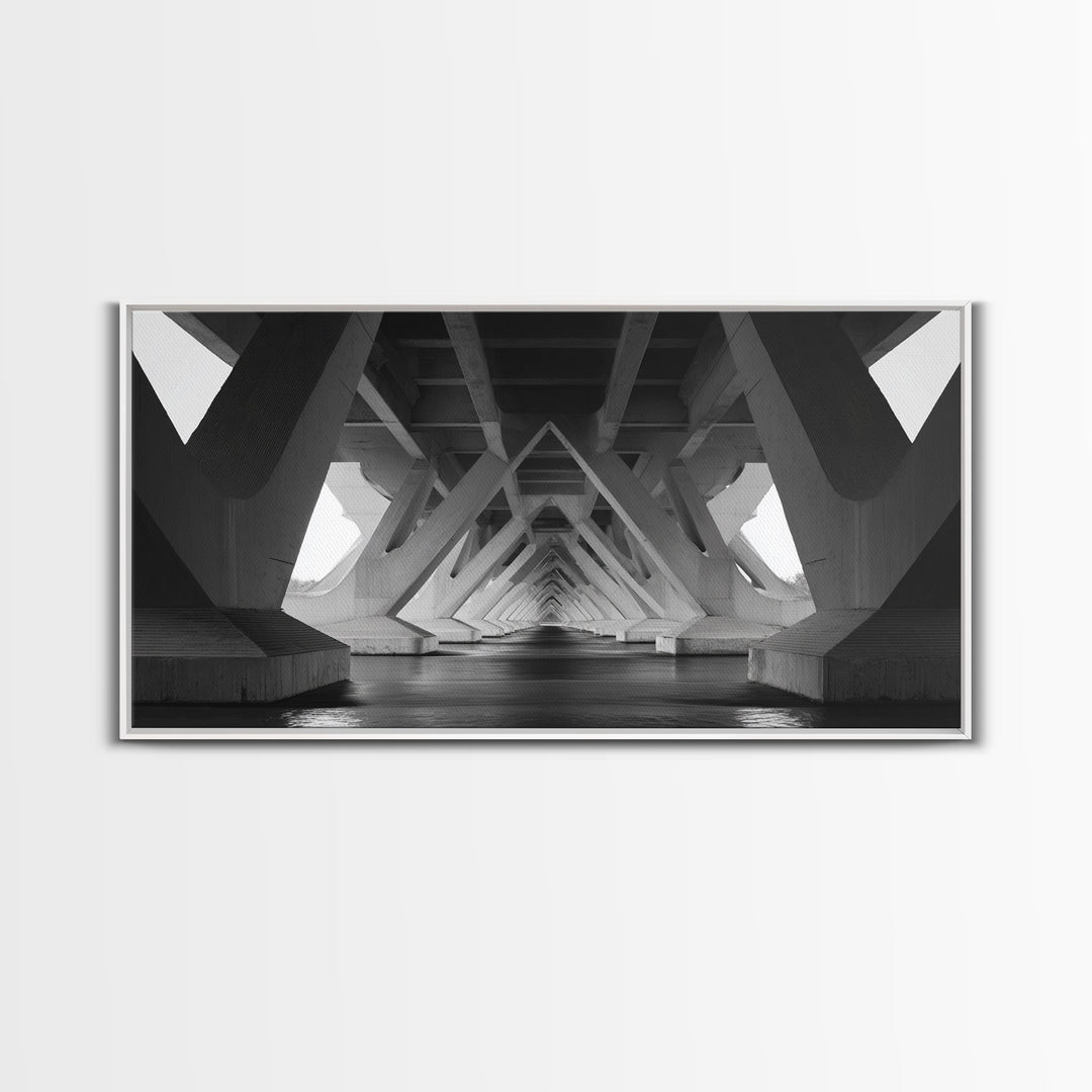 Black And White Bridge Underside Canvas Print, Architectural Art, Geometric Perspective, Modern Wall Decor For Office Study
