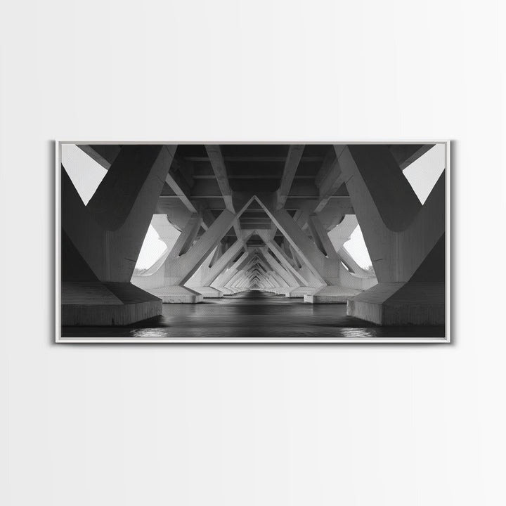 Black And White Bridge Underside Canvas Print, Architectural Art, Geometric Perspective, Modern Wall Decor For Office Study