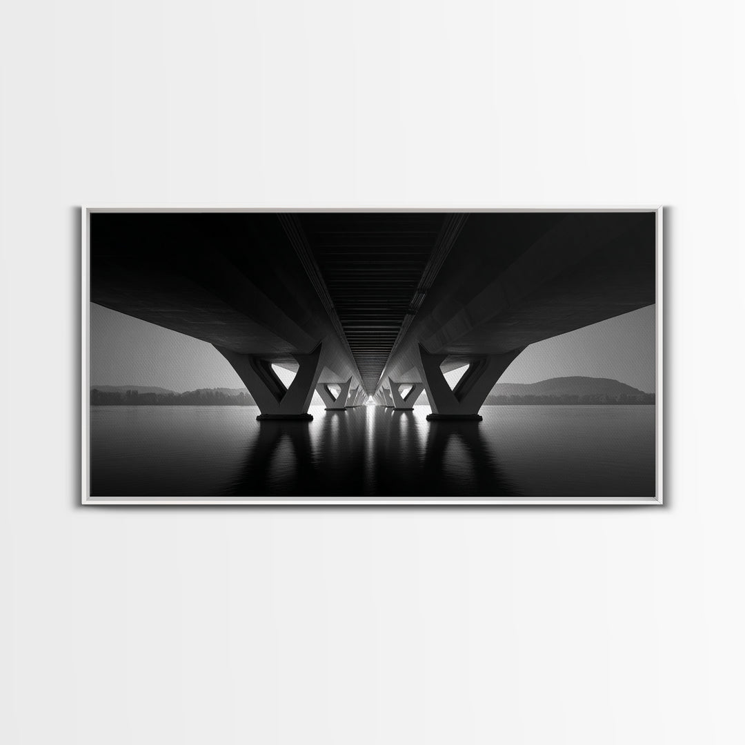 Moody Bridge Underpass Wall Art, Black And White Architectural Photography Print, Geometric Lines, Masculine Office Decor
