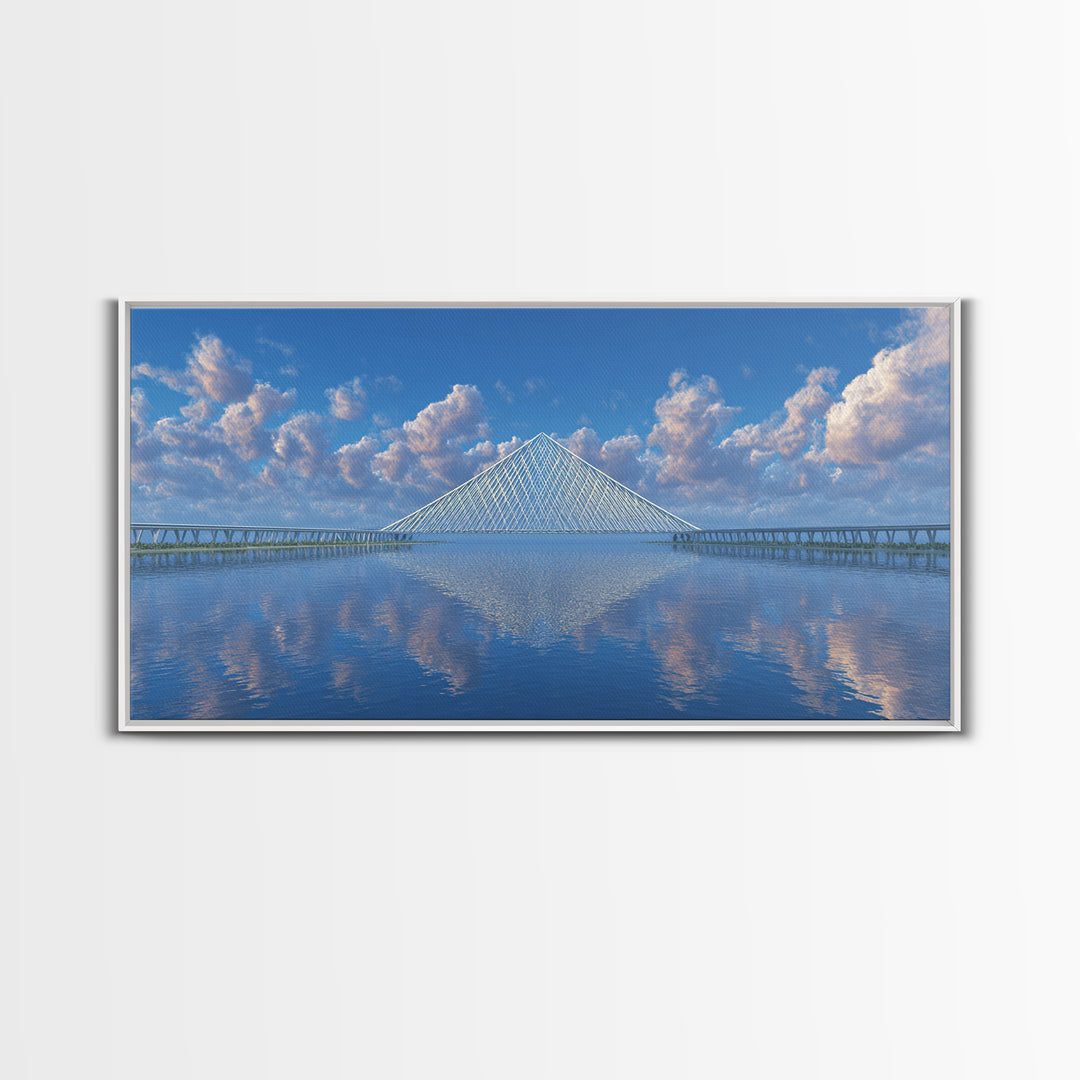 Blue Cable Bridge Reflection Wall Art, Serene Modern Landscape Print, Coastal Water Travel Poster, Living Room Office Decor