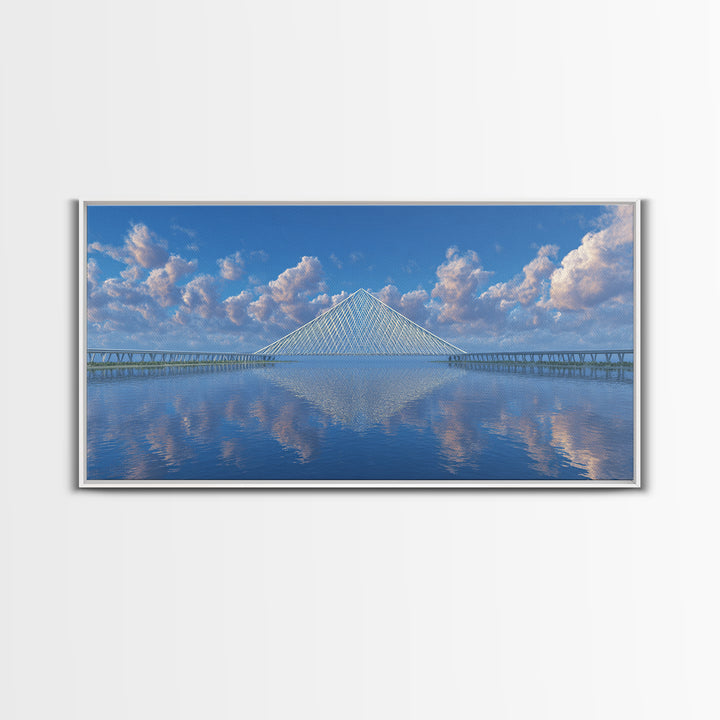 Blue Cable Bridge Reflection Wall Art, Serene Modern Landscape Print, Coastal Water Travel Poster, Living Room Office Decor