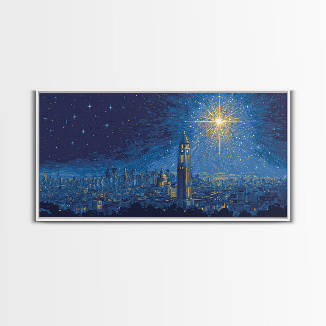 Blue City Skyline Starburst Canvas Print, Midcentury Modern Night Art, Celestial Urban Poster, Home Office Wall Decor Gift