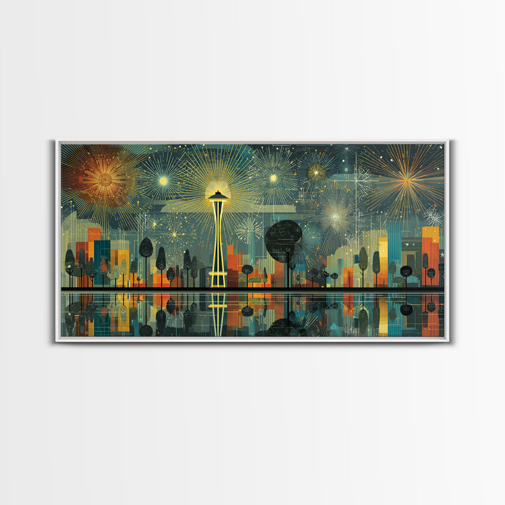 Seattle Space Needle Fireworks Wall Art, Midcentury Modern Cityscape Print, Retro Skyline Poster, Living Room Office Decor