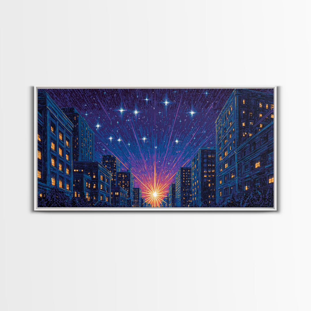 Urban Starburst City Street Wall Art, Modern Night Skyline Print, Blue Orange Retro Poster, Apartment And Office Decor Gift