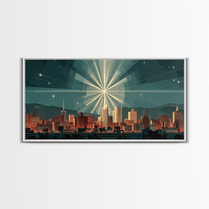 Art Deco City Skyline Wall Art, Geometric Sunburst Night Print, Midcentury Modern Poster, Teal Neutral Living Room Office Decor