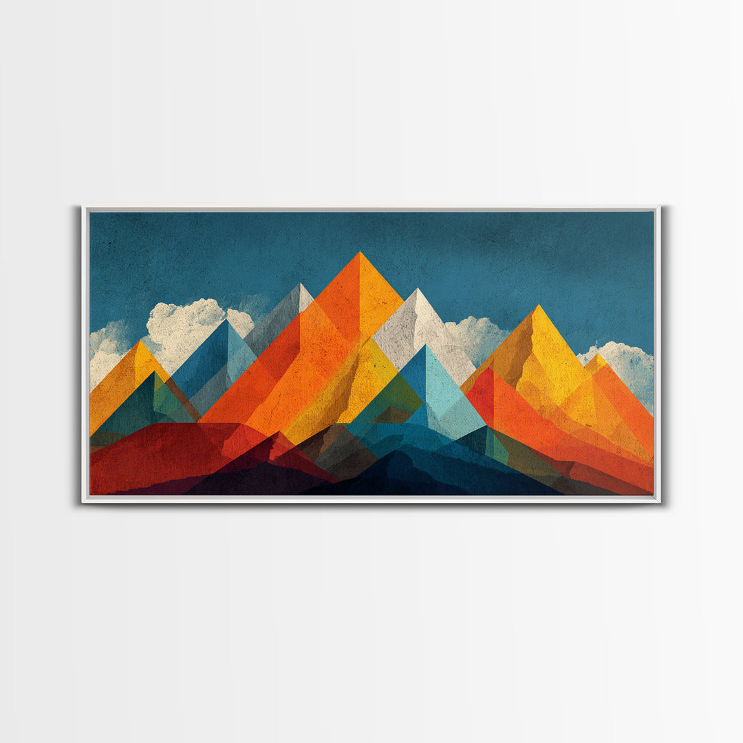 Orange Blue Geometric Mountain Wall Art, Abstract Desert Landscape Print, Midcentury Modern Poster, Bold Home Office Decor