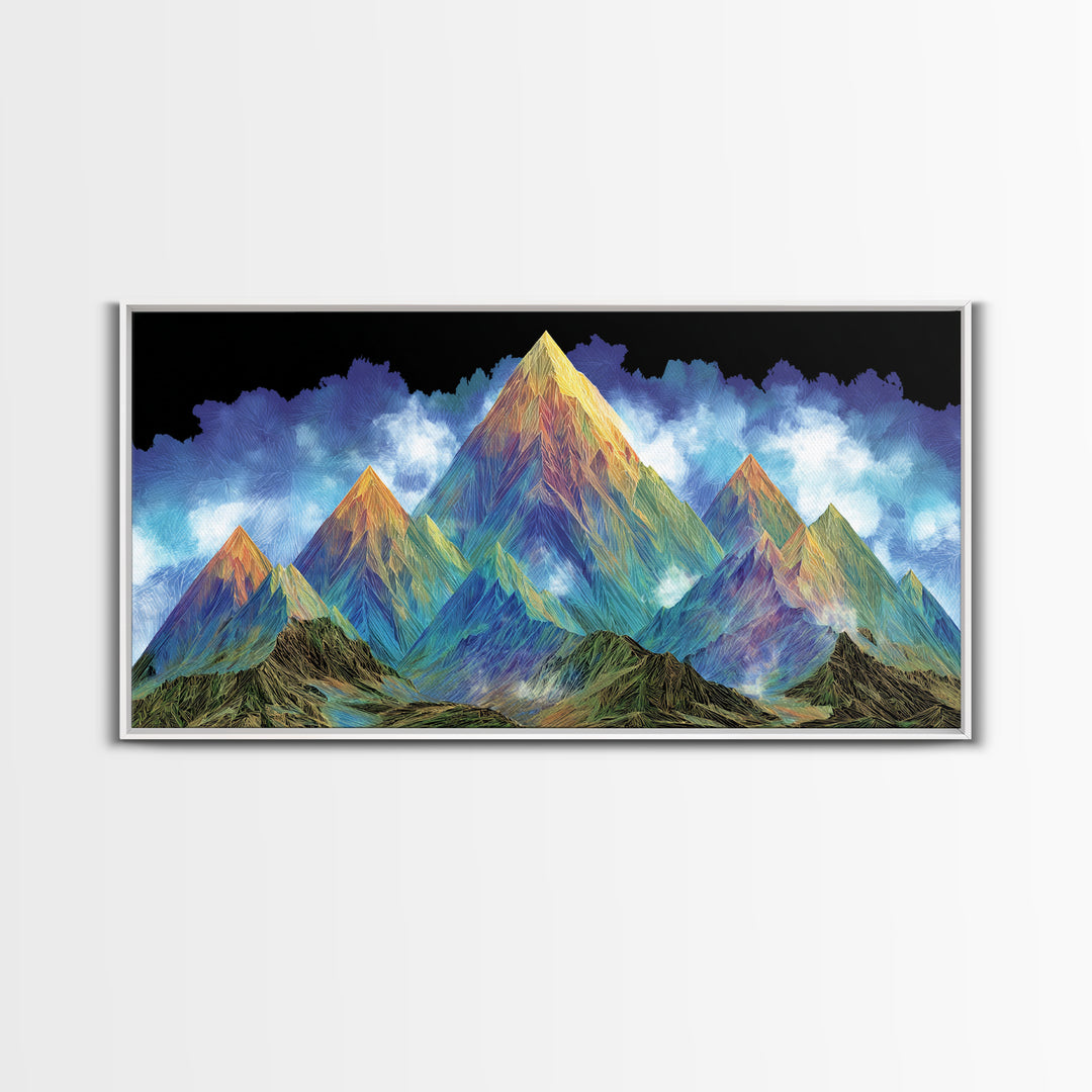Vibrant Rainbow Mountain Wall Art, Colorful Abstract Landscape Print, Modern Psychedelic Poster, Large MCM Living Room Decor