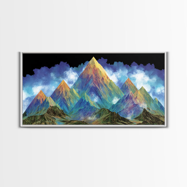 Vibrant Rainbow Mountain Wall Art, Colorful Abstract Landscape Print, Modern Psychedelic Poster, Large MCM Living Room Decor