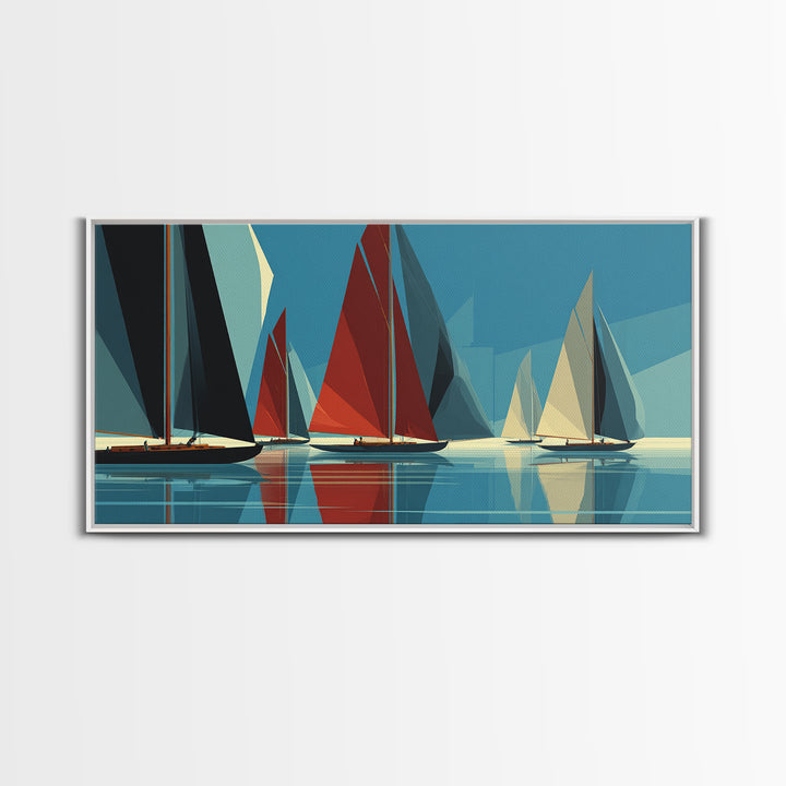 Abstract Sailboat Regatta Canvas Print, Midcentury Modern Nautical Wall Art, Blue Red Coastal Poster, Beach House Home Decor