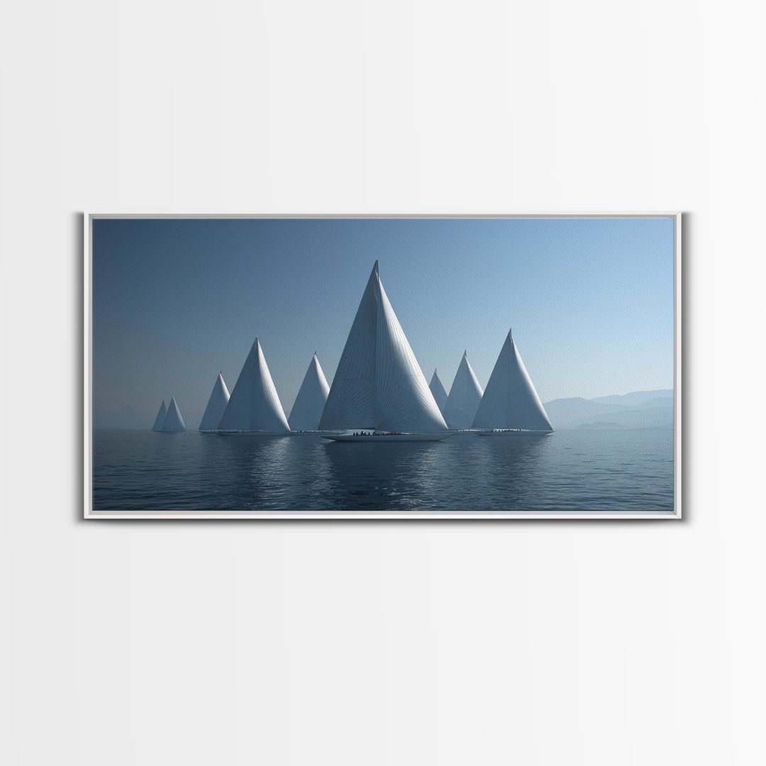 Minimalist White Sailboats Framed Canvas Print, Misty Lake Wall Art, Scandinavian Modern Nautical Decor, Calm Blue Seascape