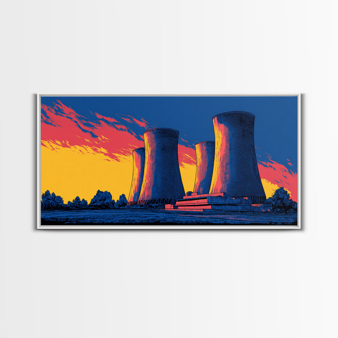 Pop Art Cooling Towers Canvas Print, Neon Sunset Industrial Landscape, Retro Modern Wall Art, Bold MCM Man Cave Office Decor